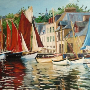 Tableau, peinture, Bretagne, Dinan le vieux port