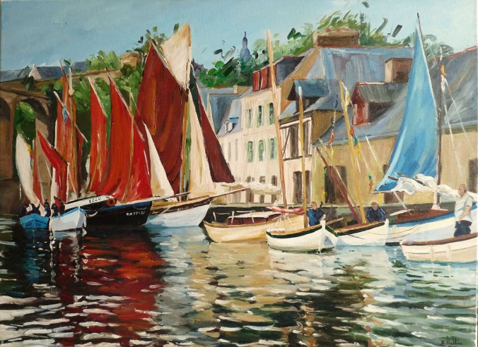Tableau, peinture, Bretagne, Dinan le vieux port