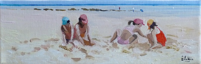 Tableau, peinture, Bretagne, enfants sur la plage