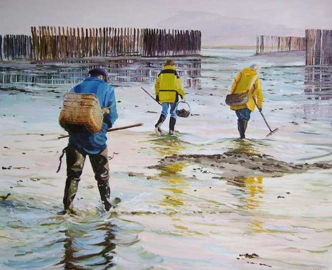 Tableau, peinture, Bretagne, le pêche à pied