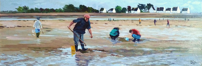 Tableau, peinture, Bretagne, journée pêche