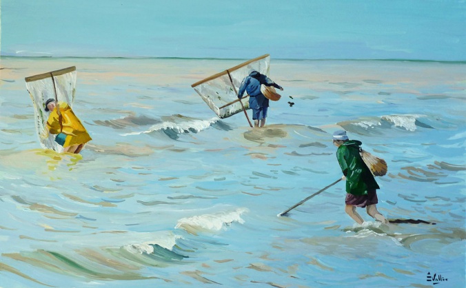 Tableau, peinture, Bretagne, Pêche à la crevette