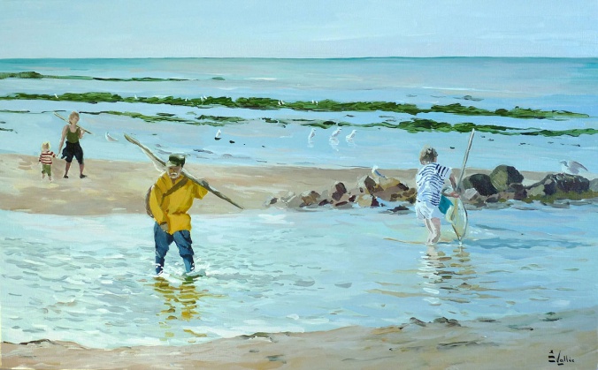 Tableau, peinture, Bretagne, Pêche en baie du Mont Saint Michel