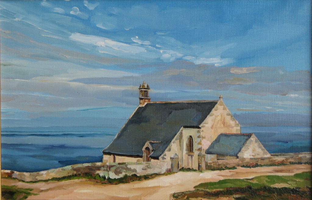 Tableau, peinture, Bretagne, maison vue mer