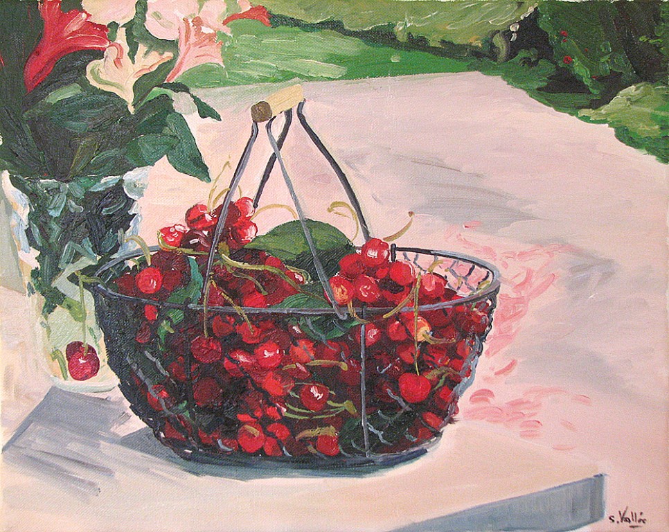 Tableau, peinture, Bretagne, panier de cerises