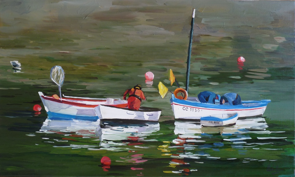 Tableau, peinture, Bretagne, On prépare la sortie pêche