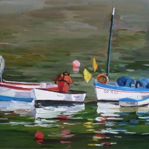 Tableau, peinture, Bretagne, On prépare la sortie pêche