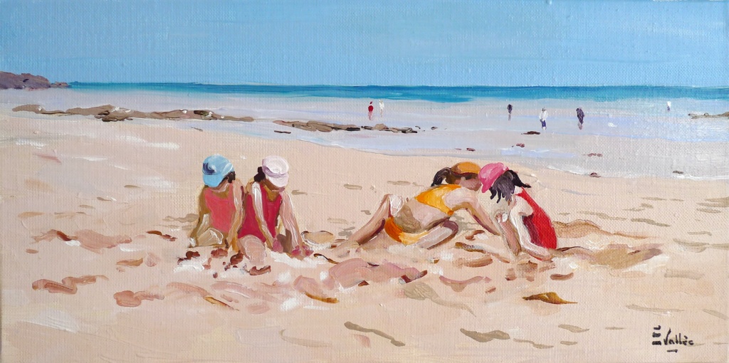 Tableau, peinture, Bretagne, Jeux de plage