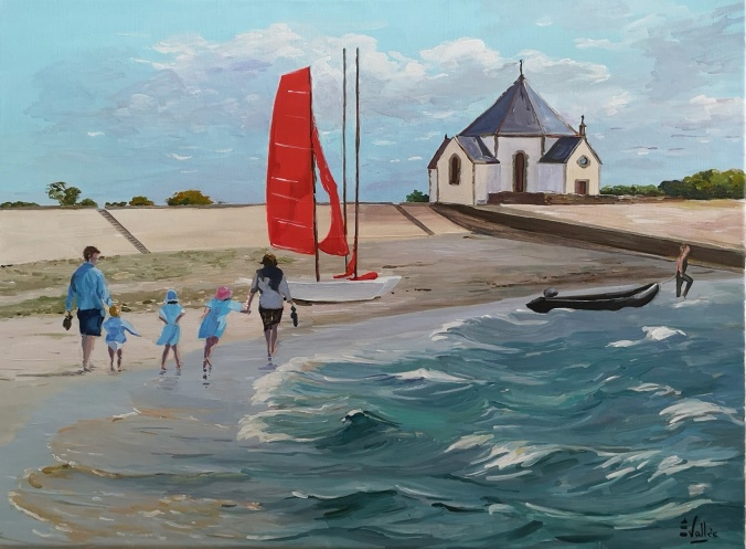 Tableau, peinture, Bretagne, La plage en famille