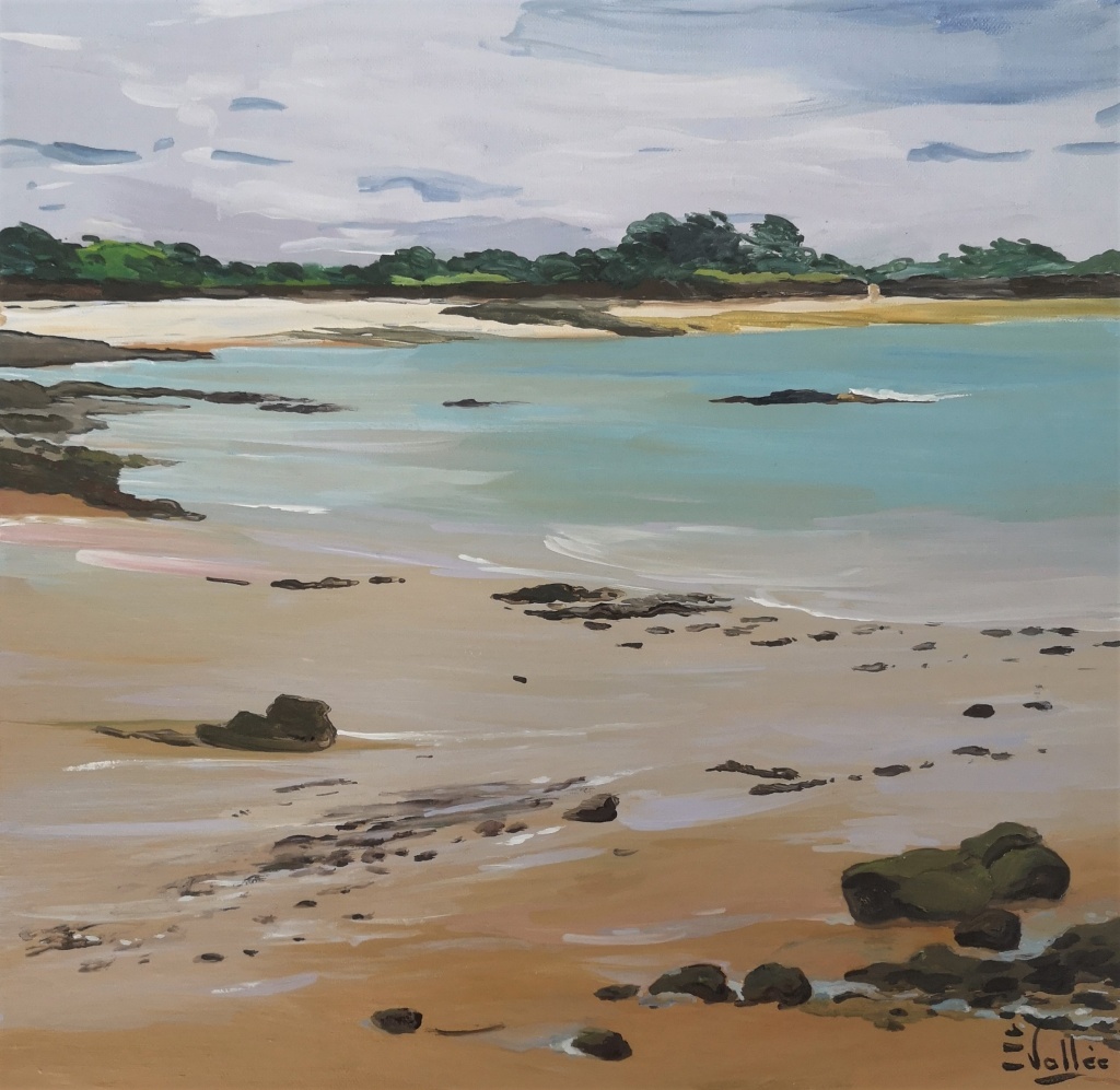 Tableau, peinture, Bretagne, la mer caresse le sable à marée basse