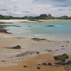 Tableau, peinture, Bretagne, la mer caresse le sable à marée basse