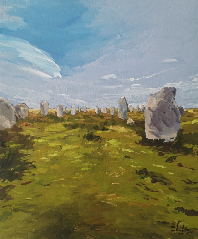 Tableau, peinture, Bretagne, Menhirs dressés en Morbihan