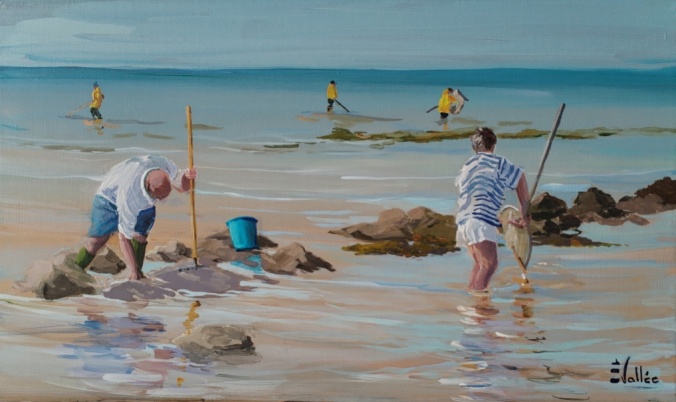 tableau, peinture, Normandie, pêcheurs à Jullouville.