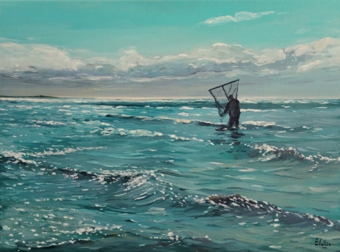 tableau,peinture,Bretagne,pêcheur de crevettes 73 x 54