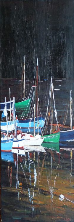 Tableau, peinture, Bretagne, Douarnenez la nuit