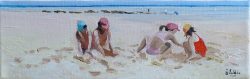 Tableau, peinture, Bretagne, enfants sur la plage