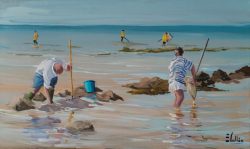 tableau, peinture, Normandie, pêcheurs à Jullouville.